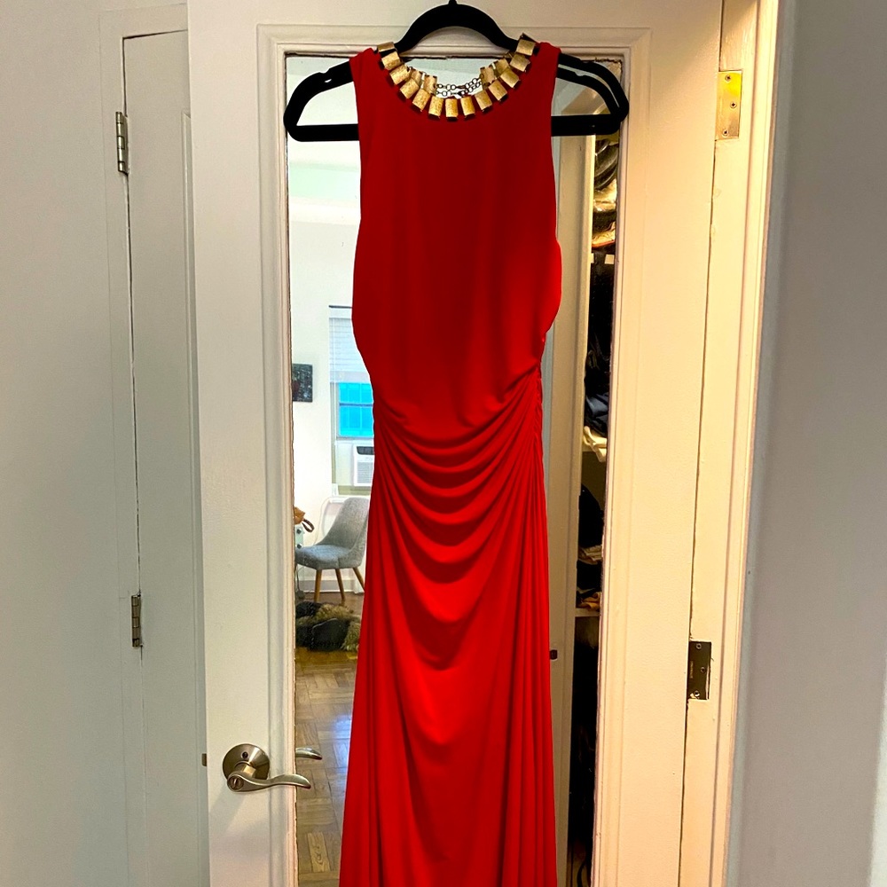 Bright red with gold collar gown